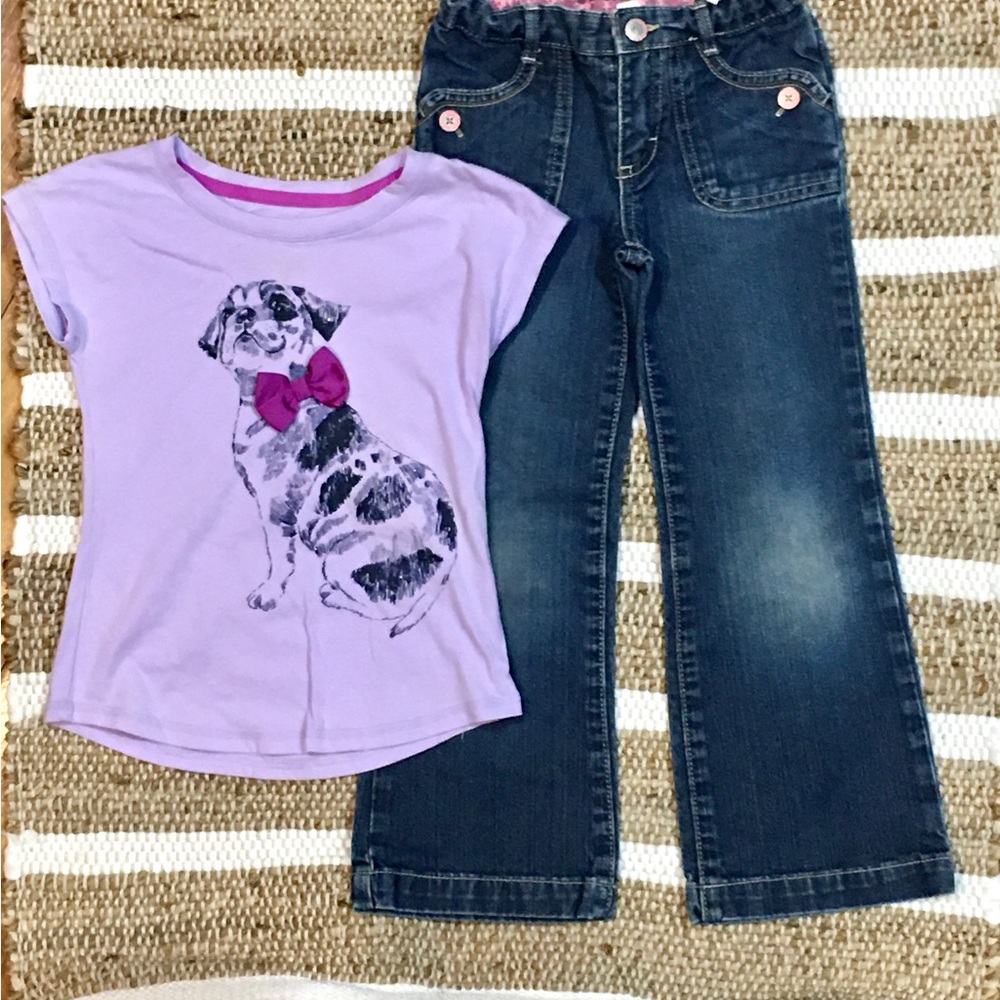 Puppy dog shirt and denim jeans purple girl 5 school animals bows Cherok…
